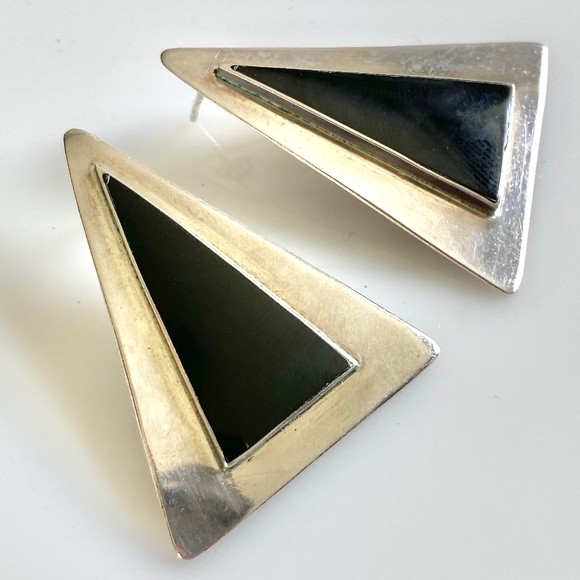 LARGE POST NORWEGIAN DESIGN STERLING & ONYX EARRINGS - Picture 2 of 3